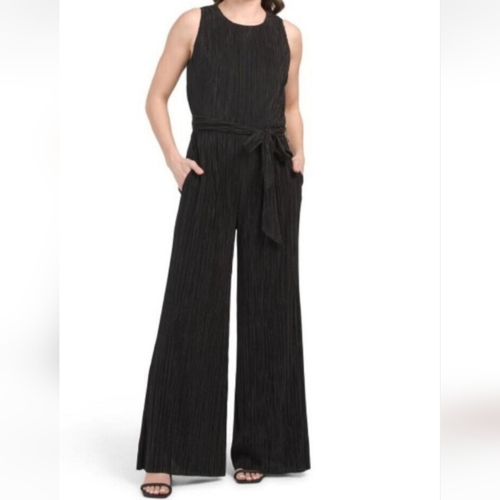 Anne Klein Flowy Black Pleated Wide Leg Jumpsuit wBelt & Side‎ Pockets Cocktail
